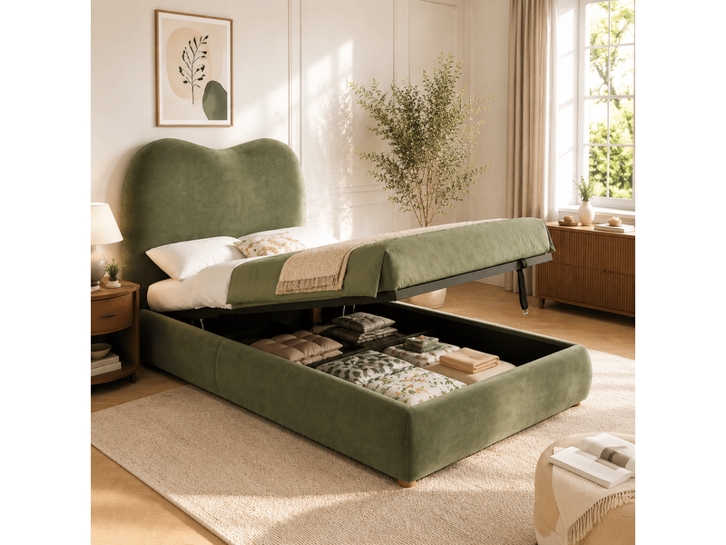  Lit enfant rembourré 90x200 cm avec coffre hydraulique, tête de lit épaisse 11 cm, sommier à lattes, angles arrondis, velours vert, charge 150 kg  - Conforama C