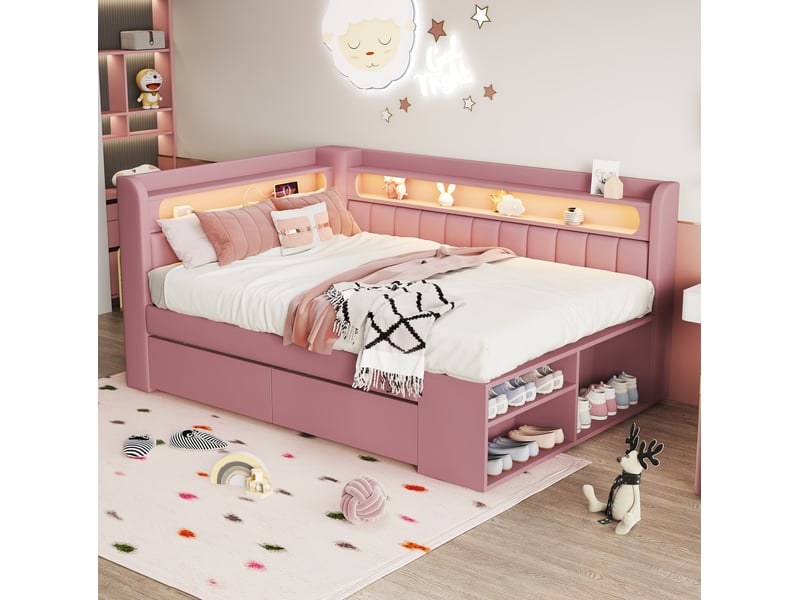  Lit simple 90x200 cm avec led et port usb, 2 tiroirs en mdf, contreplaqué et lin rose  - Conforama C