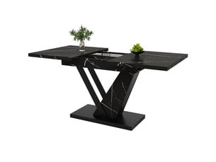 Table à manger extensible 120160x75 cm, 4-6 personnes, rallonge intégrée, plateau effet marbre, pieds métal - noir
