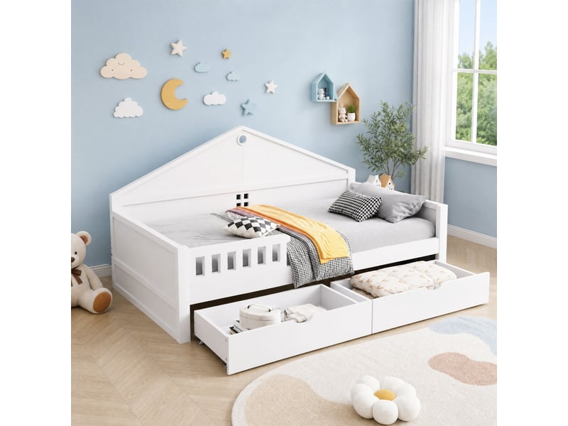  Lit simple 90x200 cm avec 2 tiroirs et éclairage led en bois blanc  - Conforama B