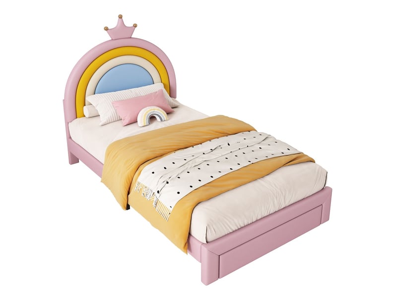  Lit rangement 90 x 200 cm lit simple rembourré rose tiroir en pied de lit tête de lit couronnée arc-en-ciel réglable en hauteur sur 2 positions revêtement pu facile d’entretien charge maximale 150 kg  - Conforama A