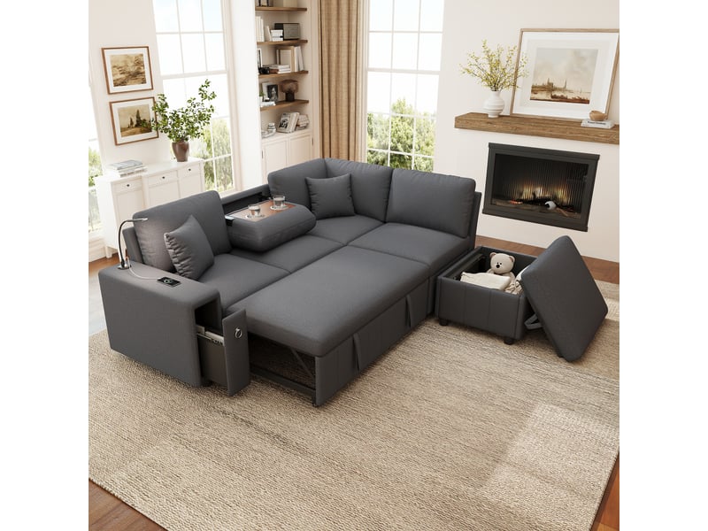  Canapé d'angle convertible 5 places avec méridienne modulable, coffre de rangement et pouf, usb-c, lampe de lecture - gris  - Conforama B