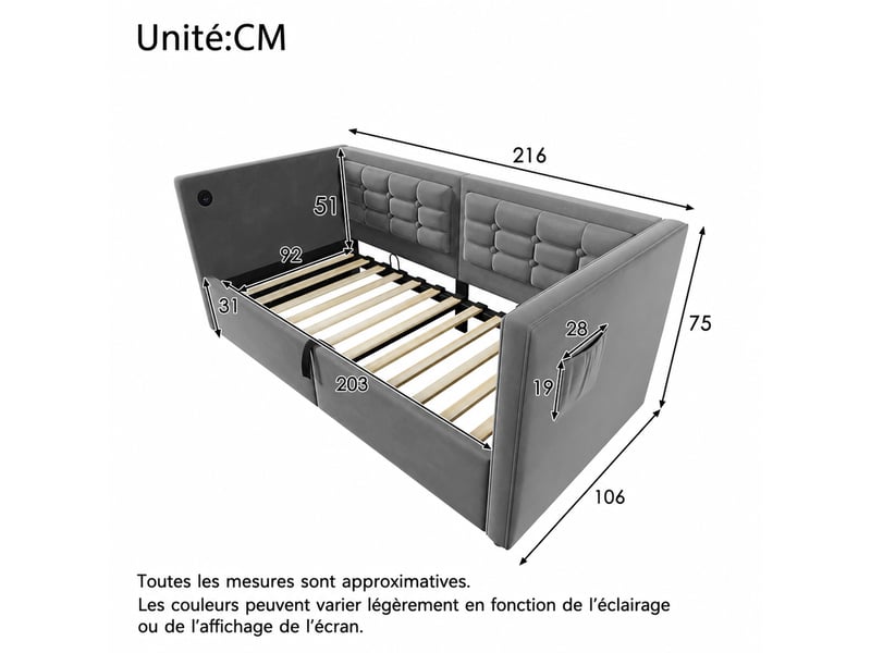  Lit banquette 1 place 90x200 cm en velours gris avec coffre hydraulique, usb et type-c, sans matelas  - Conforama D