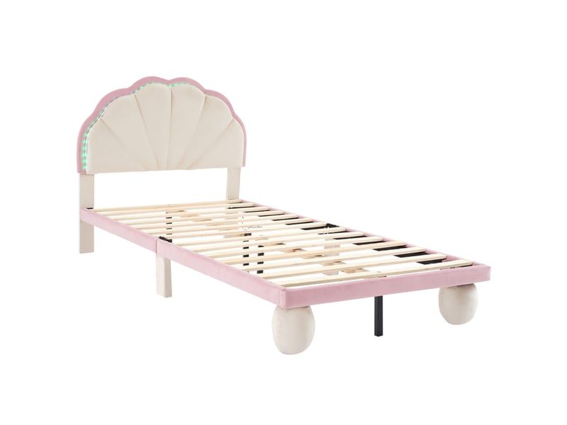  Lit capitonné enfant 90x200 cm, led multicolores, tête ondulée, pieds ronds rembourrés, lattes bois, sans matelas, velours beige et rose  - Conforama R