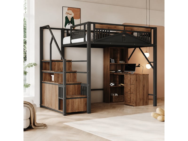  Lit mezzanine 140x200 cm avec escalier de rangement et fenêtre, noir  - Conforama B