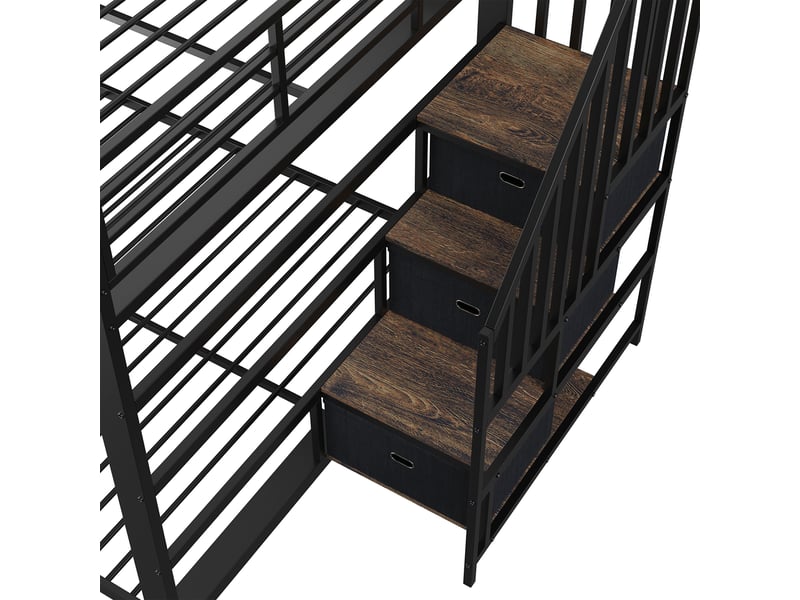  Lit superposé 140 × 200 cm, métal et mdf, escalier-rangement modulable, led, prises et usb, 2 couchages, noir  - Conforama E