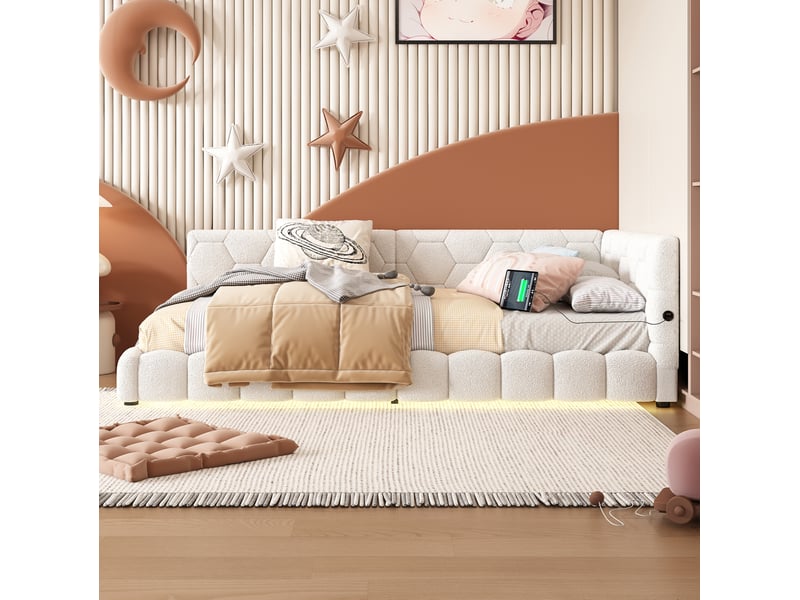 Lit banquette enfant 90x200 cm en velours blanc avec led 16 couleurs, usb et usb-c - Conforama D