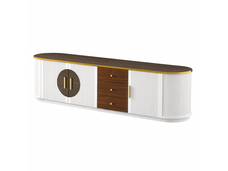  Meuble tv avec 3 tiroirs, 3 portes, passe-câbles, mdf blanc et verre brun, pour salon, 180x40x46 cm  - Conforama E