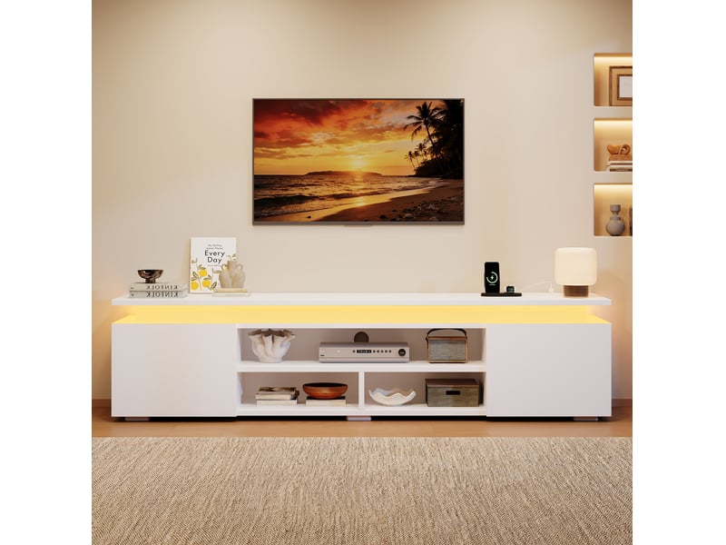  Meuble tv 180x35x42 cm avec led, 2 placards et 3 niches blanc  - Conforama D
