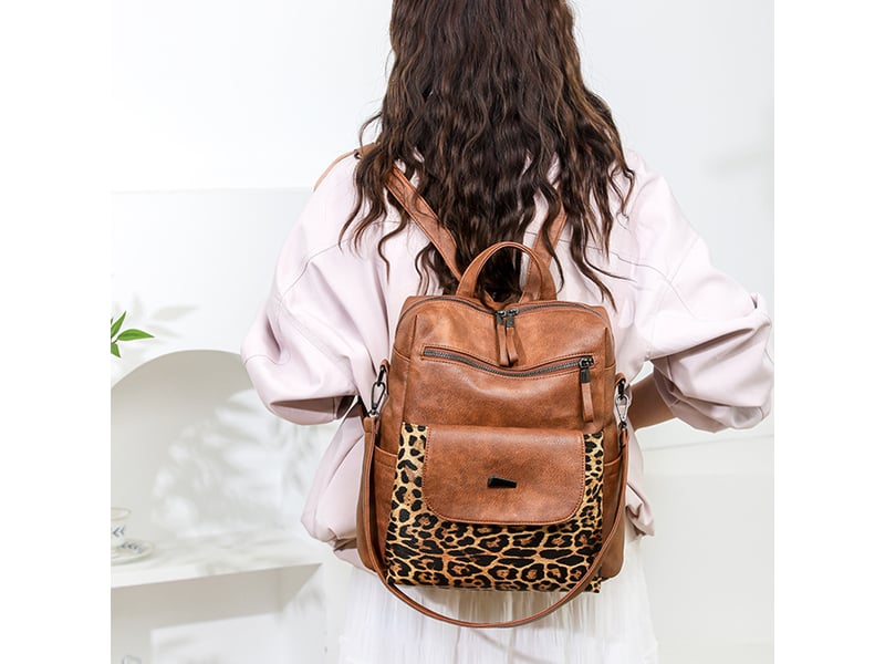  Sac à dos femme en cuir, petit format – imperméable, anti-vol, bandoulière pour ladies-marron + imprimé léopard  - Conforama D