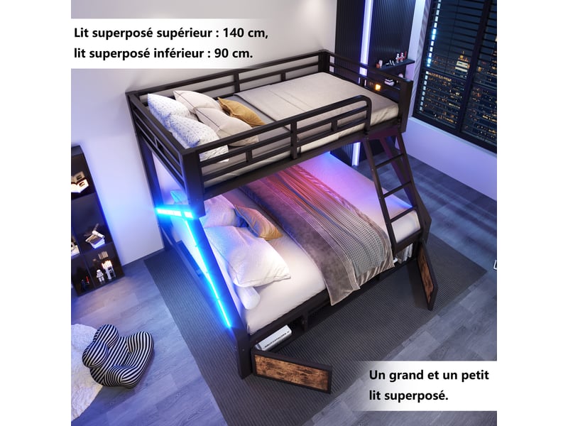  Lit superposé 90 x 200 cm + 140 x 200 cm – avec espaces de rangement – ​​avec barrières de sécurité – avec échelle – noir (matelas non inclus)  - Conforama R