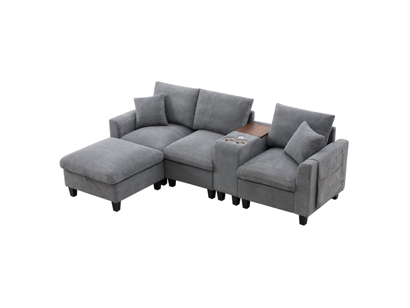 Canapé d'angle modenvie modulable 4 places en velours côtelé gris avec console usb et pouf de rangement - Conforama A