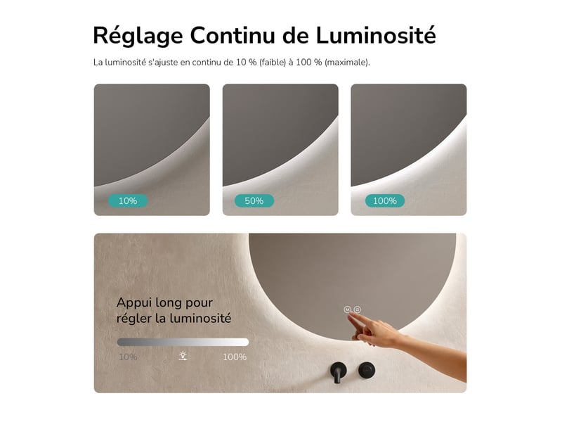  Emke miroir de salle de bain led rond diamètre 50 cm, rétro-éclairage sans cadre, interrupteur tactile, 3 couleurs de lumière  - Conforama D