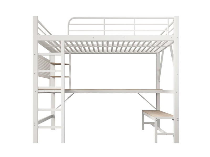 Lit mezzanine 160 x 200 cm, avec bureau, garde-corps, échelle, étagères, usbusb-c, led, panneau perforé, blanc - Conforama A