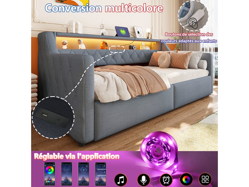 Lit coffre hydraulique 90x200 cm avec led, usb et usb-c, tissu lin gris, structure mdf, sans matelas - Conforama D