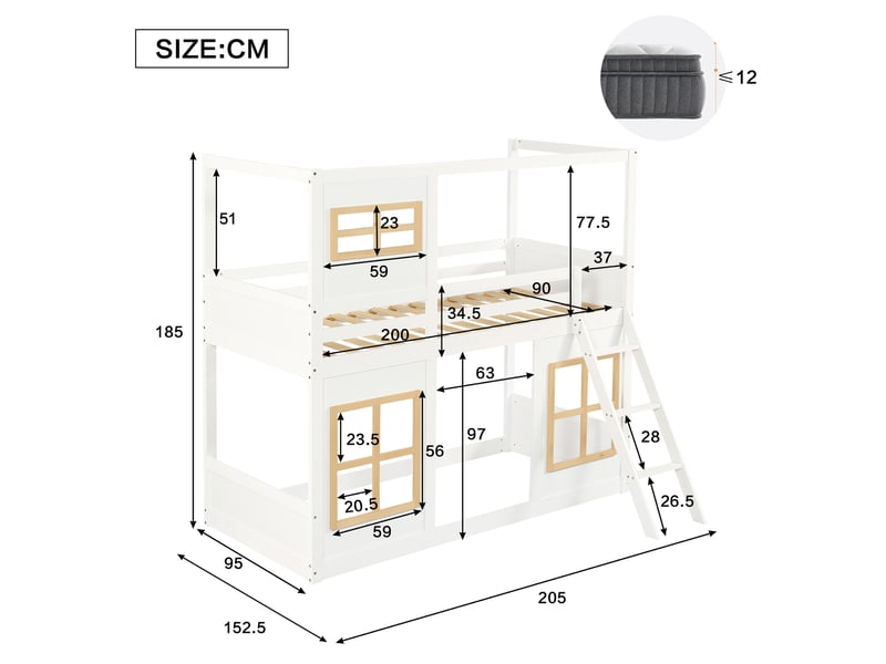  Lit superposé enfant 90 x 200 cm avec fenêtres décoratives, échelle stable, barrières de sécurité, pin, mdf, blanc et naturel  - Conforama E