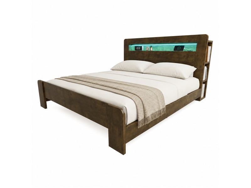  Lit 180x200 cm effet bois naturel, tête de lit avec rangement, led et prises intégrées Fay Lum - Conforama A