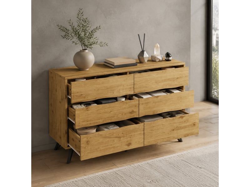  Buffet à 6 tiroirs avec façades ondulées, effet bois et pieds en métal noir, 120 × 40 × 75,5 cm  - Conforama B