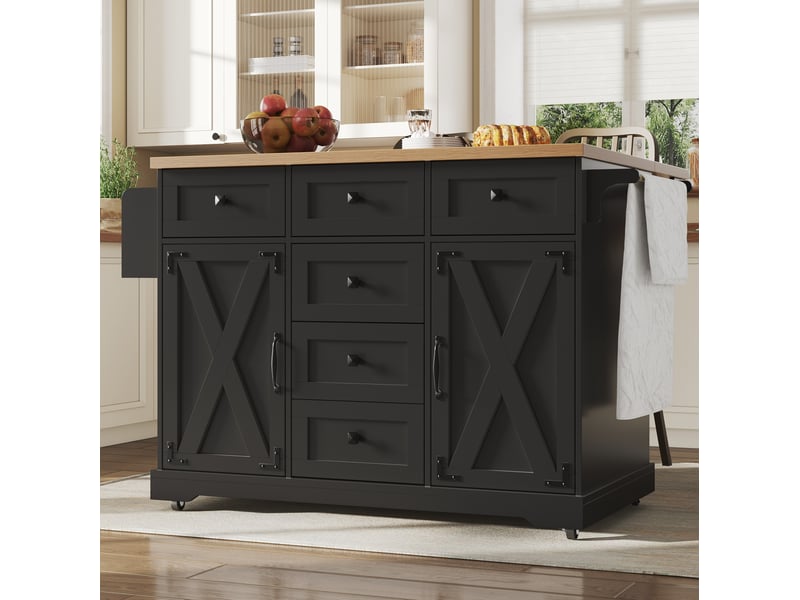 Îlot cuisine pliable, desserte mobile rabattable, 147x44-70x93 cm, charnières métal, mdf et métal, noir - Conforama B