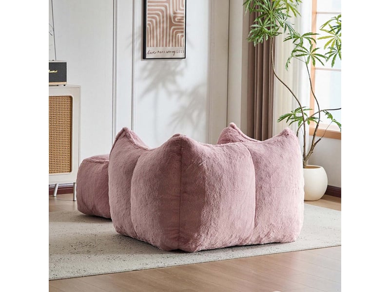  Fauteuil avec pouf et assise en mousse, forme arrondie et structure sans cadre pour salon, en fausse fourrure rose  - Conforama E
