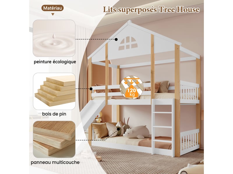  Lit superposé cabane 90 x 200 cm - lit enfant - bois de pin - 2 x sommier à lattes - certifié en747 - blanc  - Conforama B