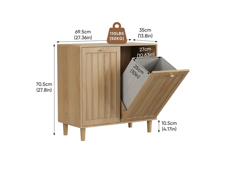  Meuble à linge 69,5x35x70,5 cm, 2 paniers amovibles, armoire de tri inclinée, grand panier à linge, mdf, couleur chêne  - Conforama C