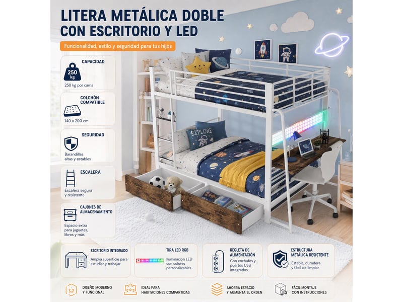  Lit mezzanine en métal 140x200 cm, bureau, 2 tiroirs, bandeau led, prise, structure blanche  - Conforama E