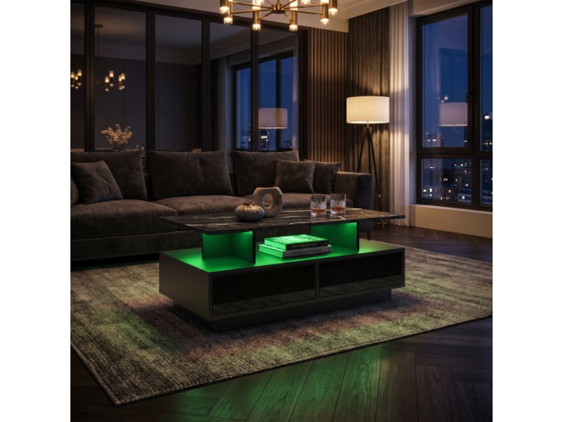  Table basse moderne effet marbre, noire, à deux niveaux avec 2 tiroirs et niche ouverte, 90 x 50 x 41  - Conforama E