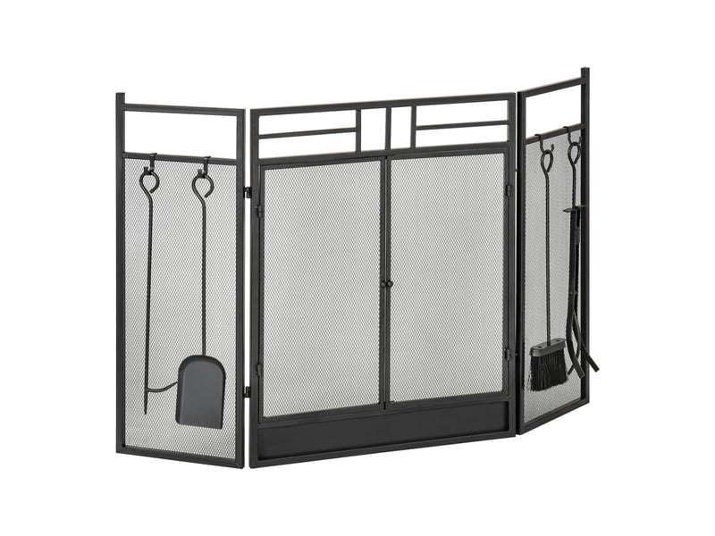  Pare-feu large pour cheminée ou poêle - pare-étincelles serviteur de cheminée 2 en 1 avec accessoires - 3 volets pliables et porte - acier métal noir  - Conforama B