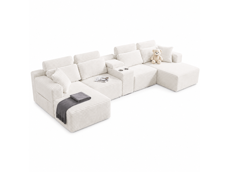  Canapé modulable en u 372 cm, canapé panoramique en velours côtelé, assise profonde, 2 porte-gobelets intégrés,blanc  - Conforama A