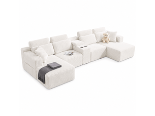 Canapé modulable en u 372 cm, canapé panoramique en velours côtelé, assise profonde, 2 porte-gobelets intégrés,blanc