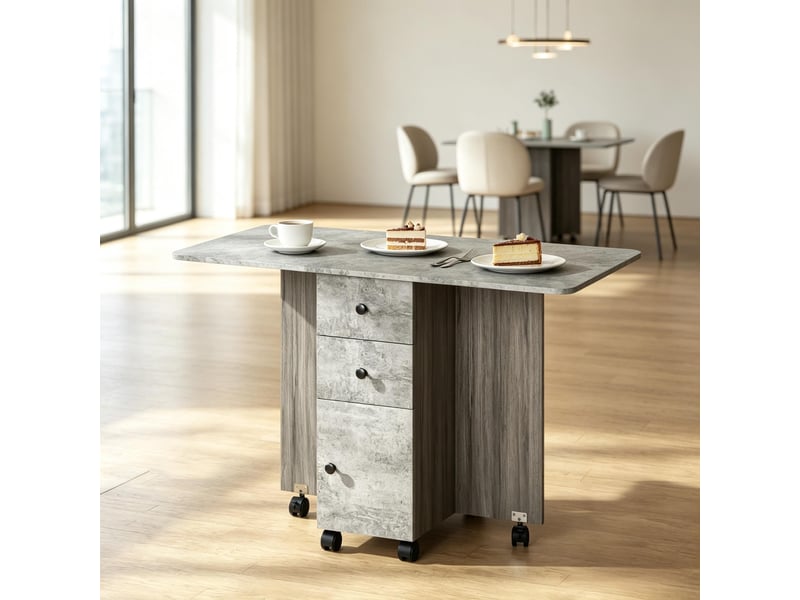  Table de salle à manger pliante jusqu’à 6 personnes avec tiroirs, rangement et 6 roulettes freinées pour cuisine grise  - Conforama C