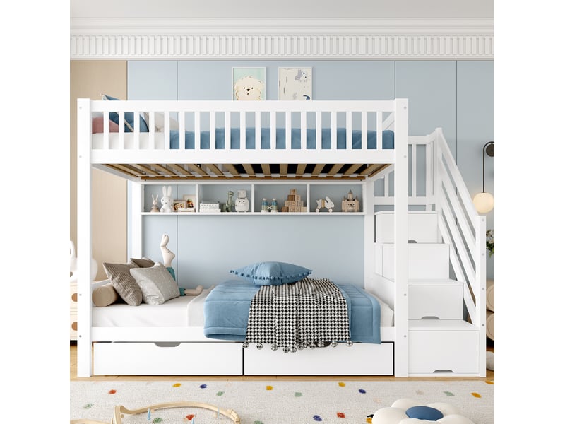  Lit superposé enfant 90x200 cm avec rangement et tiroirs, coloris blanc  - Conforama D