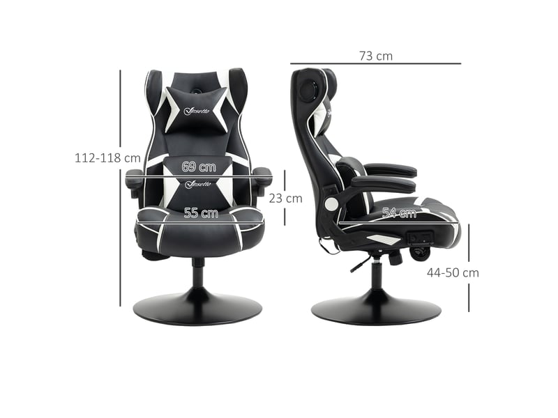  Fauteuil de jeu, haut-parleurs intégrés, dossier inclinable, noir et blanc, 69 x 73 x 118 cm  - Conforama E
