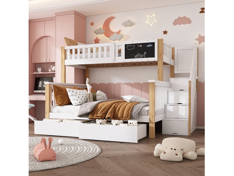 Lit superposé enfant 90x200 et 140x200 cm blanc et chêne clair avec rangements - Conforama E
