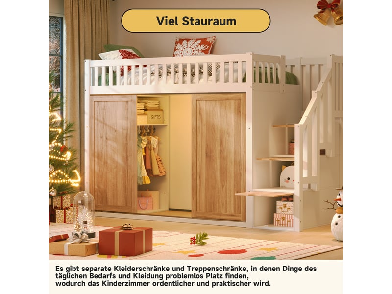  Lit mezzanine 90x200 cm avec armoire et escalier intégré, blanc, lit enfant multifonctionnel avec bande lumineuse colorée  - Conforama R