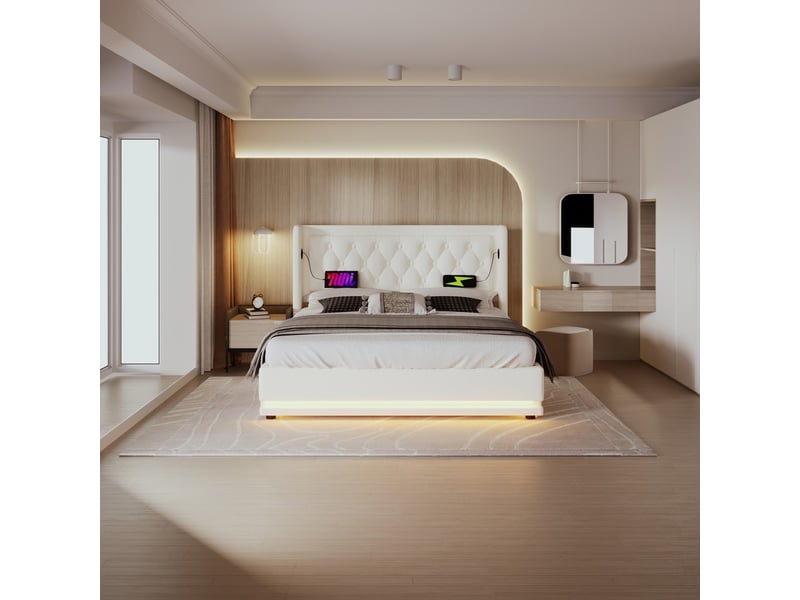  Lit coffre 160 x 200 cm en pu blanc, rangement hydraulique, tête de lit avec usb type-c et led sur 3 côtés, matelas inclus  - Conforama B