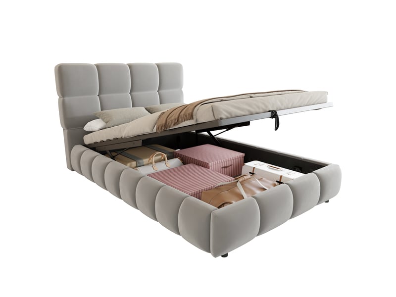 Lit coffre 90x200 cm - lit simple avec rangement hydraulique et led - tête de lit rembourrée - gris - Conforama A
