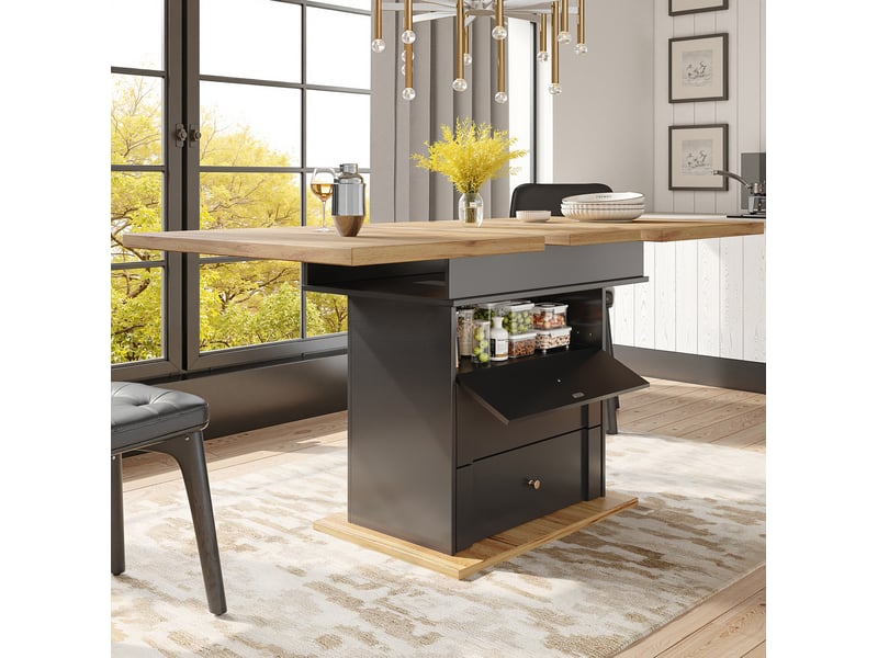 Table à manger extensible, 110-140x80 cm, repas, salle à manger, design moderne, pratique, mdf, coloris noir et naturel - Conforama E