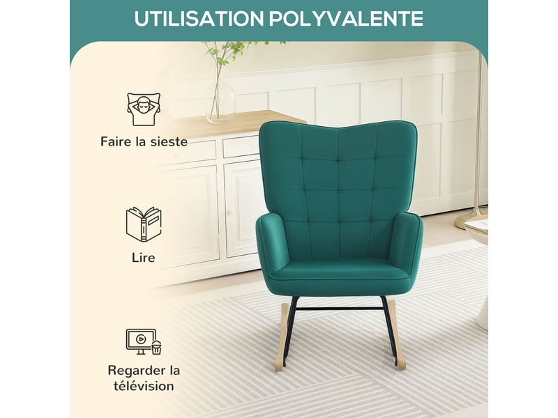  Fauteuil à bascule rocking chair revêtement en velous structure en acier 71 x 98 x 101 cm vert  - Conforama R
