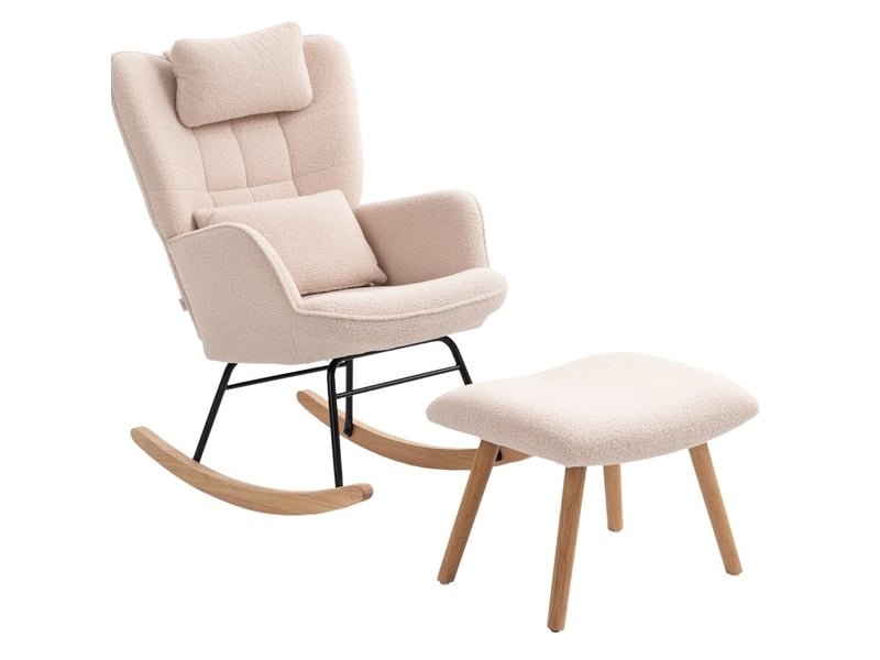Fauteuil à bascule avec repose-pieds, dossier haut ergonomique et coussin lombaire en polyester beige - Conforama B