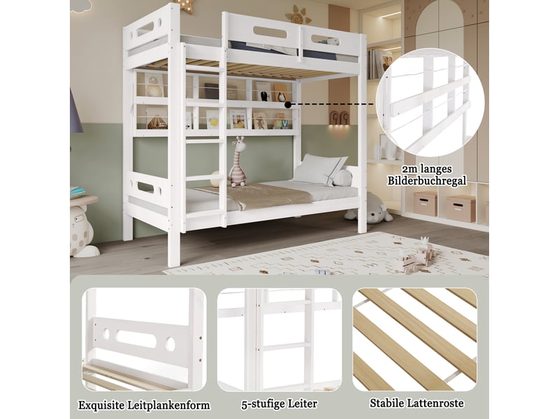  Lit superposé enfant 200×90 cm avec étagères réglables, échelle à 5 marches et garde-corps, sans matelas  - Conforama E