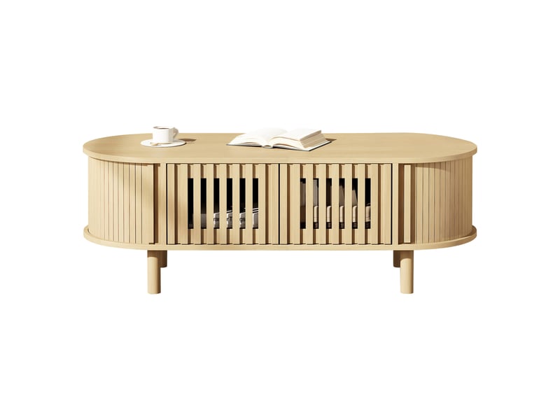  Table basse ovale 100x40x38 cm bois clair, portes à lamelles, porte coulissante et pieds en bois massif Fay Lum - Conforama A