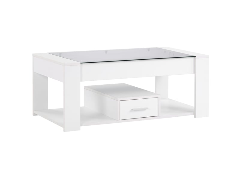  Table basse salon 100x50x40 cm, 2 tiroirs, plateau en verre trempé, rangement, panneaux de particules, blanc  - Conforama A