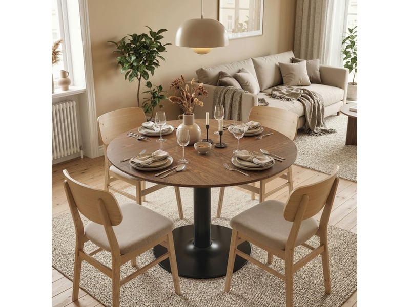 Table ronde 110 cm marron bois et métal, 6 personnes, base centrale pour salle à manger - Conforama B