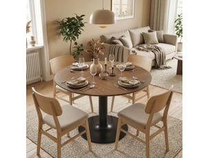Table ronde 110 cm marron bois et métal, 6 personnes, base centrale pour salle à manger