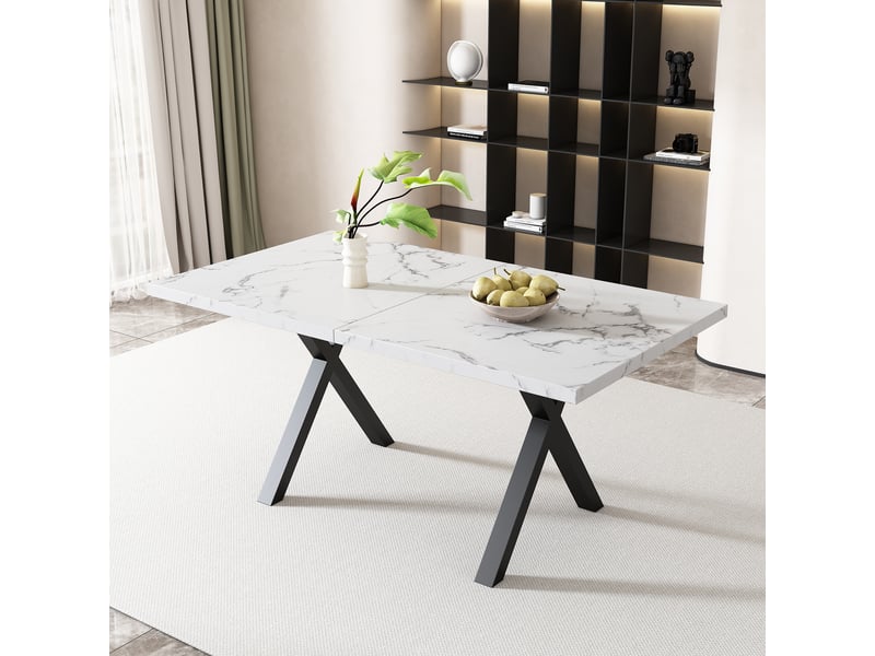 Table à manger moderne marbre noir+blanc 140x80x76 cm, rectangulaire, pieds croisés en fer forgé - Conforama B
