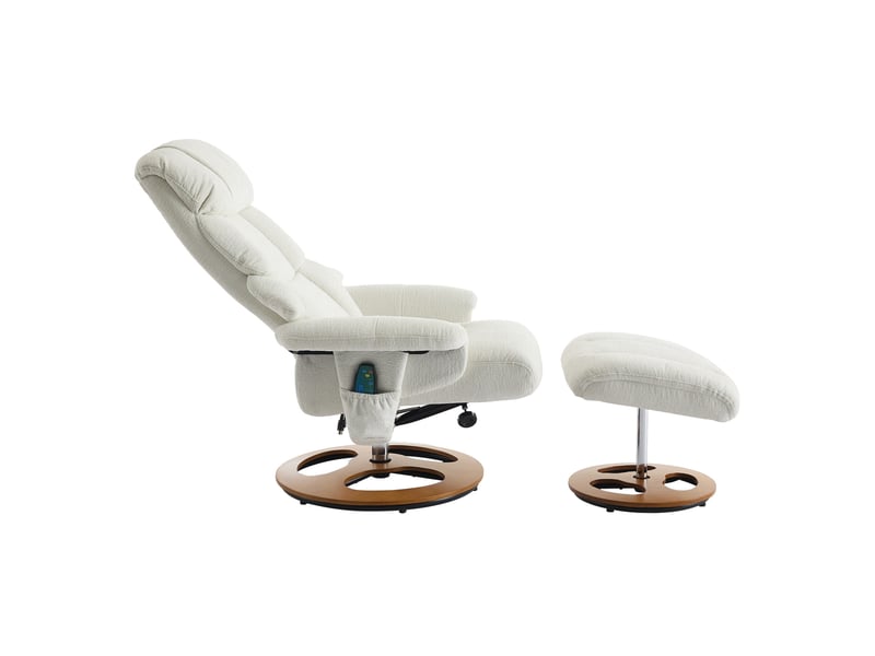  Fauteuil relax pivotant avec massage et chauffage, dossier inclinable, repose-pieds, en chenille blanc  - Conforama B