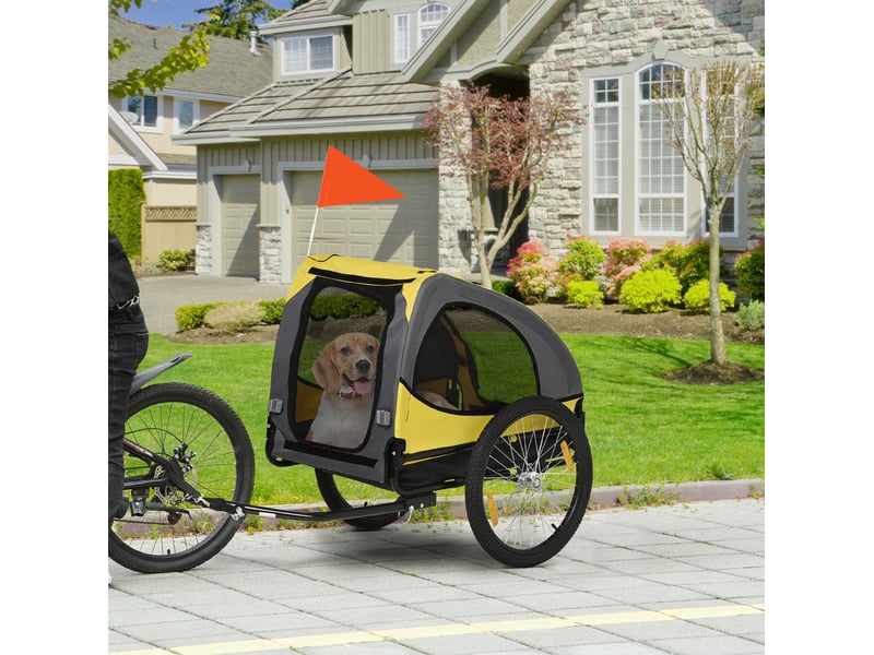Remorque vélo pour enfent 140x71x83 cm – jaune – fenêtres filet, laisse de sécurité, charge 20 kg - Conforama B