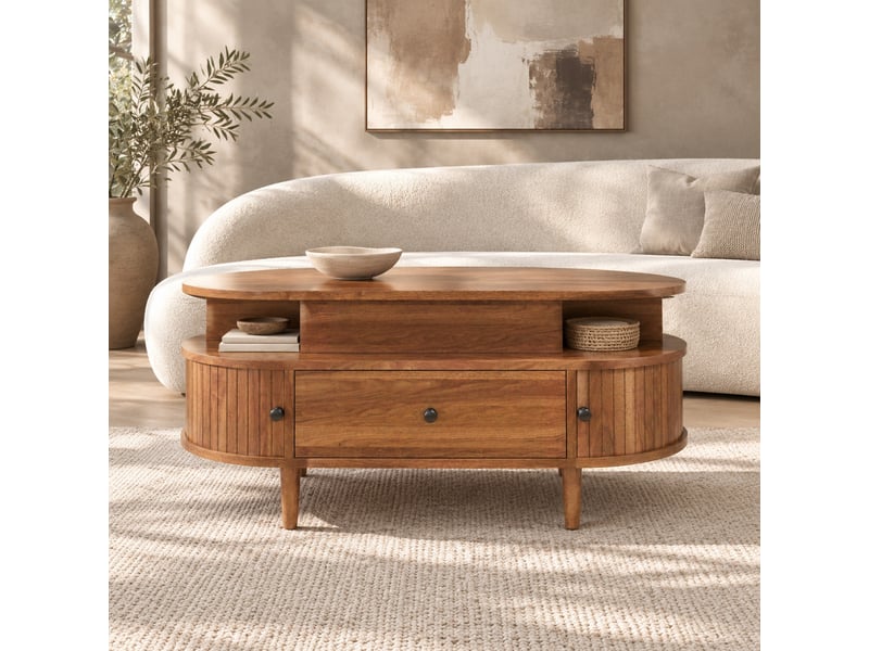  Table basse ovale relevable avec tiroir, 2 étagères ouvertes et 2 portes coulissantes, mdf noyer 105 × 50 × 60,5 cm  - Conforama B